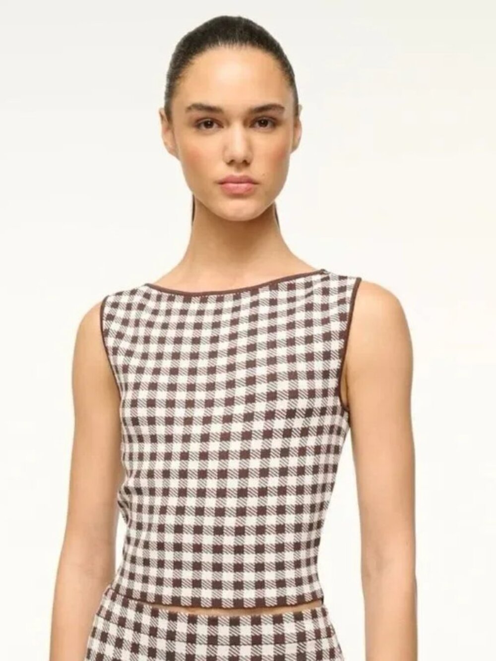 NWT STAUD Montgomery Cropped Knit Tank | Chocolate Brown Gingham | M